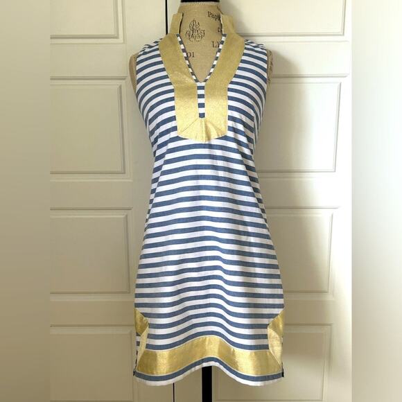 Eliza J Striped Mandarin Collar Sleeveless Shift Dress in Blue White coastal s 2 - Picture 2 of 9